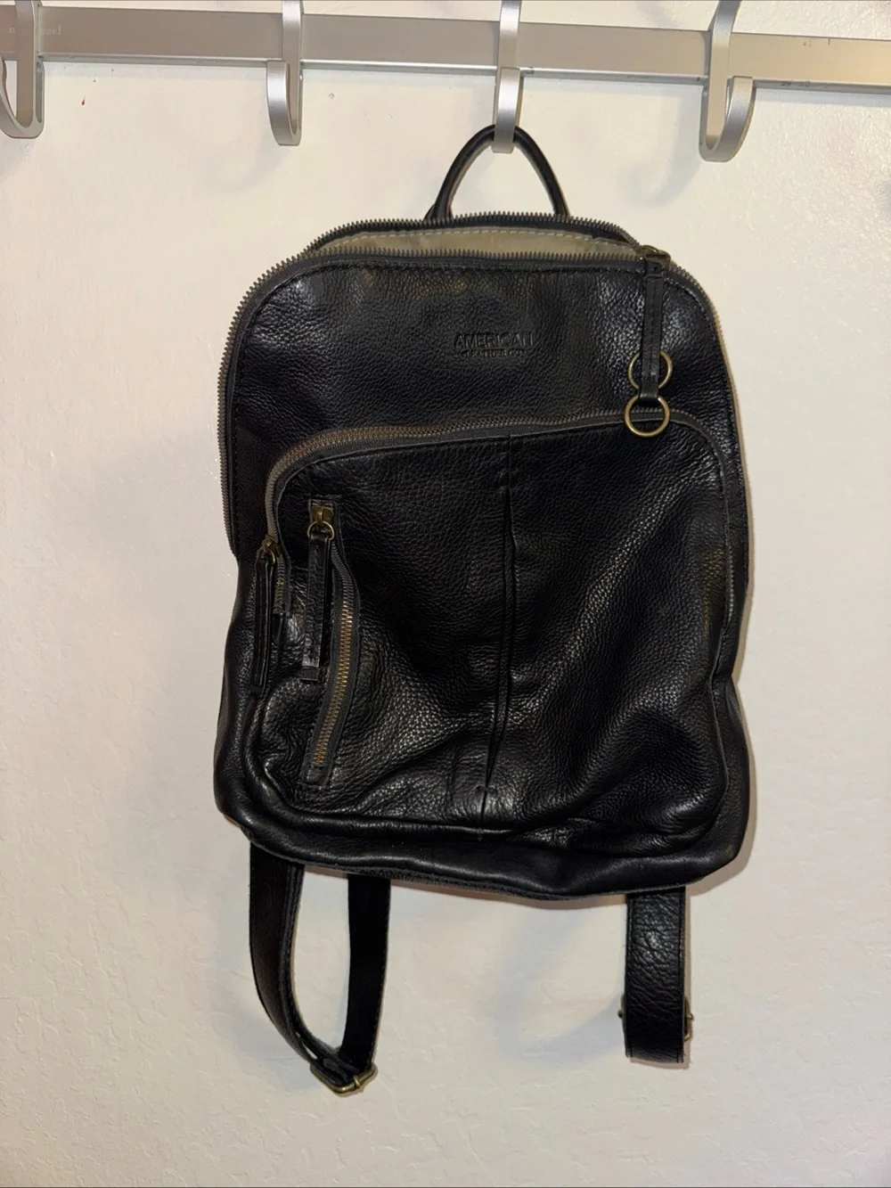 American Leather Co Black Pebbled Genuine Leather Backpack Purse Zip Pockets